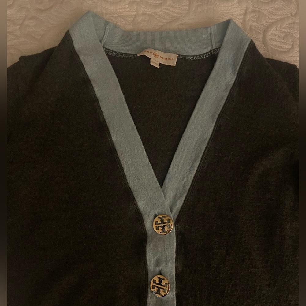 Tory Burch Sweater- Olive Green with light blue trim and logo buttons XS - Picture 3 of 5